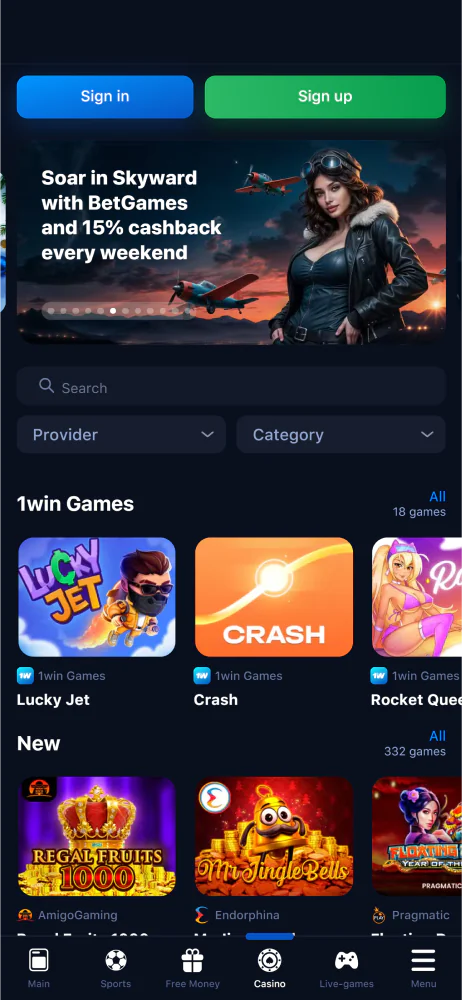 1win Armenia հավելվածում կազինո բաժնի սքրինշոթը