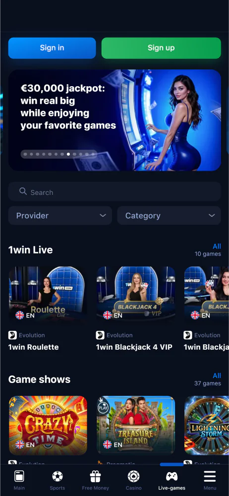 1win Armenia հավելվածի կենդանի կազինո բաժնի սքրինշոթը