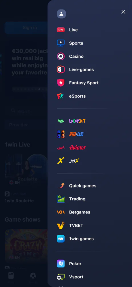 1win Armenia հավելվածի մենյուի սքրինշոթը