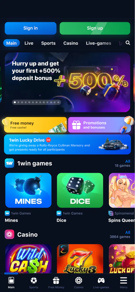 1win Armenia հավելվածի հիմնական էկրանի սքրինշոթը